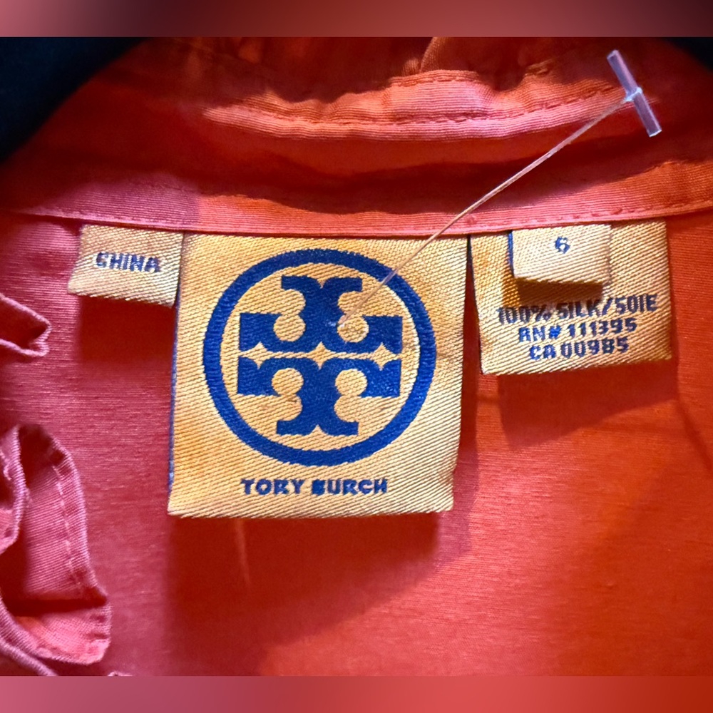 Tory Burch Vibrant Orange Silk Blouse Top. Size 6. Ruffled neckline EUC - Picture 2 of 9